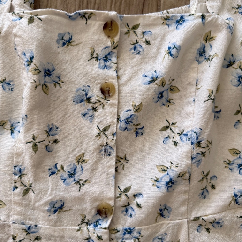 Old Navy Floral Puff Sleeve Button Up Mini Dress White Blue Square Neck Smocked - Picture 3 of 12